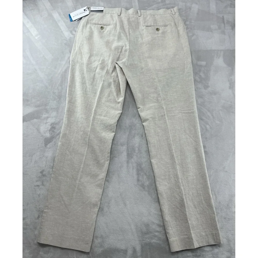 Perry Ellis Portfolio Dress Pants Men 36x32 Natural Linen Slim Fit Linen Blend